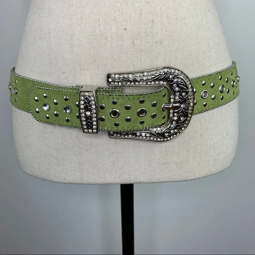 Lime Green Suede‎ Western Belt w/Crystals and Rivets Sz Sm